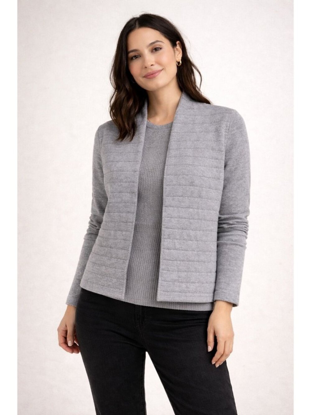 Marla Wynne Layers Womens Medium Cardigan Gray Open Front Sweater Neutral